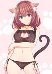  :3 animal_ears aqua_eyes bare_arms bare_shoulders bell black_bra black_panties black_ribbon blush bra breast_hold breasts brown_hair cat_cutout cat_ears cat_lingerie cat_tail choker cleavage cleavage_cutout closed_mouth contrapposto eyebrows eyebrows_visible_through_hair fang fang_out frilled_bra frills hair_between_eyes head_tilt hips holding_arms jingle_bell kamanatsu looking_at_viewer medium_breasts meme_attire midriff navel original panties paws pink_background pom_pom_(clothes) ribbon short_hair side-tie_panties simple_background smile solo spaghetti_strap standing stomach tail tooth underwear 