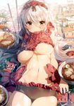  bad_id bad_pixiv_id blush bowl breasts brown_eyes center_frills chopsticks food frills giantess hairband half-timbered house large_breasts lolita_hairband long_hair looking_at_viewer lying navel noodles on_back original ramen silver_hair solo sukja tempura thigh_gap underboob 