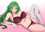  akairiot alternate_legwear bare_shoulders belly blush bra breasts brown_bra cleavage come_hither green_eyes green_hair highres kid_icarus kid_icarus_uprising large_breasts leg_lift long_hair looking_at_viewer naughty_face navel palutena single_thighhigh smile solo thighhighs thighs underwear white_legwear 