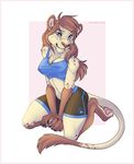  2015 anyare blue_eyes brown_fur brown_hair brown_nose brown_tail feline female fur hair kneeling lion looking_at_viewer mammal multicolored_fur navel nipple_bulge pawpads simple_background smile solo tail_tuft tuft two_tone_fur whiskers white_background 