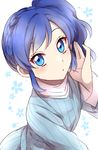  absurdres aikatsu! aikatsu!_(series) blue_eyes blue_hair blue_sweater blush bound bound_wrists braid floral_background from_above hand_on_own_cheek highres kiriya_aoi long_sleeves looking_at_viewer parted_lips ribbed_sweater sekina side_ponytail solo sweater upper_body white_background 