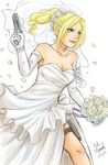  1girl alternate_costume bare_shoulders blonde_hair blue_eyes bouquet braid breasts bridal_veil cleavage dress earrings flower french_braid gloves gun hair_flower hair_ornament handgun highres holster jewelry lips nina_williams noh_masked pistol side_slit solo strapless strapless_dress tekken tekken_7 thigh_holster veil weapon wedding_dress white_gloves 