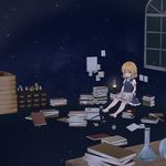  barefoot blonde_hair book book_stack crumpled_paper full_body indoors kirisame_marisa lamp open_book paper room short_hair sitting siva skirt skirt_set solo test_tube too_many too_many_books touhou window 