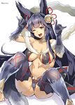  ;d \m/ animal_ears ass bare_shoulders barefoot bell black_gloves black_hair black_legwear blush breasts brown_eyes cameltoe erune fox_ears fox_tail gloves granblue_fantasy hair_bell hair_ornament highres knees_up long_hair looking_at_viewer medium_breasts navel one_eye_closed open_mouth pokkora sitting smile solo tail teeth thighhighs twitter_username yuel_(granblue_fantasy) 