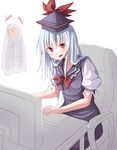  :d blue_hair blush chair computer fujiwara_no_mokou gurasion_(gurasion) hat highres kamishirasawa_keine long_hair looking_at_viewer multiple_girls office_chair open_mouth puffy_short_sleeves puffy_sleeves red_eyes short_sleeves smile solo_focus touhou 