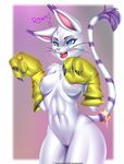  2016 anthro anthrofied areola blue_eyes breasts claws clothing dialogue digimon doomthewolf english_text feline female fur gatomon gloves hi_res jewelry mammal mostly_nude nipples open_mouth purple_fur pussy solo text white_fur 
