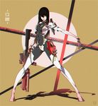  ass_visible_through_thighs black_hair bodysuit chromatic_aberration covered_navel crotch_plate full_body gun hair_between_eyes highres holding holding_gun holding_weapon kanji legs_apart light_brown_eyes long_hair looking_at_viewer original rifle science_fiction shadow skin_tight smile solo standing tooot turtleneck weapon 