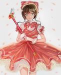  aqua_eyes bad_id bad_pixiv_id bow brown_hair cardcaptor_sakura dress frilled_dress frills fuuin_no_tsue gloves hisao_0111 kinomoto_sakura looking_at_viewer pink_bow pink_dress solo standing wand white_gloves 