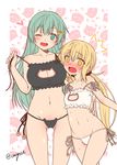  2girls aqua_eyes aqua_hair arm_around_waist ass_visible_through_thighs black_bra black_panties blonde_hair blush bra breasts cat_cutout cat_ear_panties cat_lingerie cleavage cleavage_cutout collarbone fang hair_ornament hairclip kantai_collection large_breasts long_hair looking_at_viewer low_twintails meme_attire multiple_girls navel one_eye_closed open_mouth panties partially_visible_vulva satsuki_(kantai_collection) side-tie_panties small_breasts smile strap_pull strap_slip surprised suzuya_(kantai_collection) sweat twintails underwear very_long_hair white_bra white_panties yellow_eyes yua_(checkmate) 