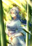  absurdres blue_eyes bracelet breasts chinese_clothes cleavage earrings facial_mark forehead_mark hanfu highres jewelry large_breasts long_hair oubu purple_hair reikenzan:_hoshikuzu-tachi_no_utage smile solo yin_yang zhuhua44 