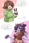  :d androgynous bad_id bad_twitter_id black_sclera blush_stickers brown_eyes brown_hair chara_(undertale) cupcake doughnut extra_eyes fangs flower_(symbol) food hair_ribbon heart highres holding holding_food insect_girl knife korean koyashaka long_sleeves muffet muffin multiple_arms needle open_mouth poison puffy_short_sleeves puffy_sleeves purple_hair purple_skin ribbon shirt short_sleeves short_twintails simple_background smile spider_girl spoilers spoken_heart striped striped_shirt translated twintails two_side_up undertale upper_body what_if white_background white_eyes 