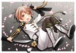  :d armor bad_id bad_pixiv_id black_legwear blonde_hair boots cross-laced_footwear japanese_armor lace-up_boots legwear_under_shorts male_focus mimoton monoyoshi_sadamune open_mouth pantyhose pantyhose_under_shorts petals shorts shoulder_armor smile sode solo sword touken_ranbu wakizashi weapon yellow_eyes 