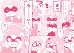  bangs beanie blunt_bangs blush close-up closed_eyes crossed_arms domino_mask eromame face fang hand_on_own_face hat hood hooded_sweater inkling mask monochrome multiple_girls pink shirt short_sleeves sidelocks smile splatoon_(series) splatoon_1 sweater t-shirt tentacle_hair tooth translated 