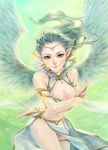  absurdres angel_wings bare_shoulders breasts bridal_gauntlets chain_chronicle circlet cleavage cleavage_cutout earrings fairy feathered_wings green_hair highres jewelry large_breasts leaning_forward light_smile lips long_hair looking_at_viewer original peiyu_zhou pelvic_curtain pointy_ears sleeveless solo wings yellow_eyes 