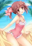  brown_eyes brown_hair casual_one-piece_swimsuit idolmaster idolmaster_cinderella_girls kkurumi ogata_chieri one-piece_swimsuit open_mouth pink_swimsuit short_hair solo swimsuit towel twintails 
