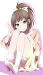  brown_eyes brown_hair highres hisami_nanami panties pantyshot ponytail sekina short_hair simple_background socks solo underwear v wake_up_girls! white_background 