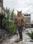  2014 anthro clothed clothing feline jeans lynx male mammal outside pants racoonwolf solo standing topless 
