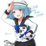  blue_hair blush dixie_cup_hat ensemble_stars! hat hat_ribbon koji_miruku male_focus military_hat open_mouth purple_eyes ribbon sailor_hat salute shino_hajime smile solo stuffed_animal stuffed_panda stuffed_toy 