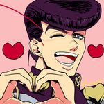  anchor_symbol blue_eyes blush earrings face gakuran heart heart_hands higashikata_jousuke jewelry jojo_no_kimyou_na_bouken kiritani_(cutsolt) male_focus one_eye_closed open_mouth pompadour portrait purple_hair school_uniform smile solo twitter_username 