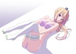  ass bad_id bad_pixiv_id blonde_hair bra breasts cleavage closed_mouth collarbone full_body gradient_hair hair_ornament highres kawakami_mai leg_hold leg_up lingerie long_hair looking_at_viewer lying medium_breasts multicolored_hair musaigen_no_phantom_world no_shoes oku_no_shi on_back panties pink_bra pink_hair pink_panties purple_eyes side_ponytail smile solo thighhighs underwear underwear_only white_legwear 