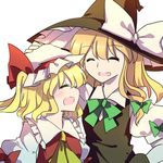  ascot black_dress blonde_hair bow closed_eyes dena.ei dress flandre_scarlet hand_on_head hat hat_bow hat_ribbon kirisame_marisa mob_cap multiple_girls open_mouth puffy_short_sleeves puffy_sleeves red_dress ribbon short_sleeves smile touhou white_bow witch_hat 