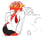  &lt;3 averyshadydolphin black_clothing black_dress breasts claws cleavage clothed clothing desk dragon dress duo female fingers head_symbols hieratic_sun_dragon_overlord_of_heliopolis horn invalid_tag leaning mobile_(disambiguation) necktie red_skin saliva sketchy_figure suit symbol text thick_thighs untied_tie white_button_shirt wide_hips yellow_eyes yesslow_eyes yu-gi-oh 