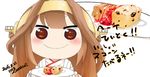  2015 brown_eyes brown_hair c: cake commentary_request dated detached_sleeves double_bun food hairband highres himouto!_umaru-chan holding i'm_egoist_nez kantai_collection kongou_(kantai_collection) looking_at_viewer nontraditional_miko parody plate remodel_(kantai_collection) solo style_parody translated 