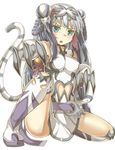  animal_humanoid armor blush breasts cat_humanoid claws clothed clothing feline female green_eyes grey_hair hair humanoid kukkumann legwear long_hair mammal sitting solo thigh_highs tight_clothing 