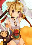  andira_(granblue_fantasy) arm_behind_head armpits blonde_hair blush breasts brown_eyes cleavage_cutout cloud erune flying_nimbus granblue_fantasy hairband monkey natsunagi_takaki polka_dot polka_dot_background short_hair small_breasts smile solo 