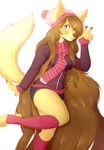  anthro beanie canine clothed clothing female fox hair hat legwear long_hair looking_at_viewer mammal pixelannex scarf simple_background smile socks solo white_background 
