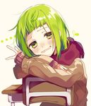  :d bangs beige_background blunt_bangs blush desk eyelashes fingernails green_eyes green_hair gumi hair_over_one_eye half-closed_eyes head_rest head_tilt long_sleeves nose_blush open_mouth red_scarf scarf school_desk short_hair sidelocks simple_background sleeves_past_wrists smile solo sweater table upper_body v vocaloid wavy_mouth winter_clothes yamori_shiki 