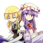  back-to-back blonde_hair book closed_eyes crescent dena.ei hair_ribbon hat kirisame_marisa long_sleeves mob_cap multiple_girls patchouli_knowledge puffy_short_sleeves puffy_sleeves purple_eyes purple_hair ribbon shirt short_sleeves sitting sleeping touhou tress_ribbon 