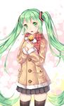  coat cowboy_shot food green_eyes green_hair hatsune_miku highres ji_dao_ji long_hair looking_at_viewer open_mouth scarf skirt solo sweet_potato thighhighs twintails very_long_hair vocaloid yakiimo 