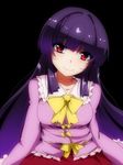  bad_id bad_pixiv_id black_hair bow breasts collar dark_background frilled_collar frilled_sleeves frills head_tilt hime_cut houraisan_kaguya hyudora large_breasts long_hair long_sleeves looking_at_viewer pink_shirt purple_hair red_eyes red_skirt shirt sidelocks sitting skirt smile solo touhou very_long_hair wide_sleeves 