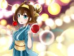  :p alternate_hairstyle blue_eyes blurry brown_hair candy_apple depth_of_field double_bun feeding folded_ponytail food hairband holding i'm_egoist_nez japanese_clothes kantai_collection kimono kongou_(kantai_collection) long_hair looking_at_viewer pov_feeding remodel_(kantai_collection) smile solo tongue tongue_out yukata 