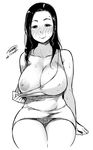  blush breasts cleavage covered_nipples dress greyscale highres huge_breasts long_hair looking_at_viewer monochrome nipples no_bra one_breast_out original panties pantyshot pantyshot_(sitting) simple_background sitting smile solo sweat tachibana_roku underwear white_background 