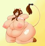  2015 animal_humanoid areola big_breasts big_nipples bottomless bovine breasts brown_eyes brown_hair cattle clothed clothing collar cow_humanoid eikasianspire eyewear female glasses hair hooves horn huge_breasts humanoid lips long_hair looking_at_viewer mammal morbidly_obese navel nipples obese overweight shirt smile solo thick_thighs 