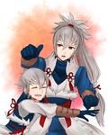  chlxms closed_eyes father_and_son fire_emblem fire_emblem_if gloves grey_hair kisaragi_(fire_emblem_if) long_hair male_focus multiple_boys open_mouth ponytail red_eyes simple_background takumi_(fire_emblem_if) white_background 