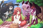  :d ahoge black_hair claws closed_eyes crossover cyclops day demon_wings extra_eyes fang floating gazer_(monster_girl_encyclopedia) grass grey_skin hair_ornament hairclip horn jabberwock_(monster_girl_encyclopedia) l4no lamia long_hair miia_(monster_musume) monster_girl monster_girl_encyclopedia monster_musume_no_iru_nichijou multiple_girls navel one-eyed open_mouth outdoors picnic picnic_basket pointy_ears purple_hair red_eyes red_hair scales sky smile tail tentacles tree very_long_hair wings yellow_sclera 