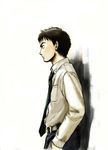  absurdres belt black_eyes brown_hair collared_shirt from_side highres kidou_keisatsu_patlabor male_focus necktie shadow shinohara_asuma shirt solo uirina upper_body wall 