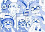  2girls bangs blunt_bangs blush close-up closed_eyes domino_mask eromame eye_contact face fang holding_hands inkling looking_at_another mask monochrome multiple_girls pointy_ears profile short_hair_with_long_locks sidelocks smile splatoon_(series) splatoon_1 surprised sweatdrop swimsuit tentacle_hair translated undressing upper_body 