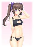  black_bra black_panties bow bra breasts brown_hair cat_cutout cat_ear_panties cat_lingerie cleavage_cutout collarbone hair_bow hand_in_hair himekaidou_hatate isaki_(gomi) long_hair looking_at_viewer meme_attire navel panties pointy_ears purple_eyes side-tie_panties small_breasts solo touhou twintails underwear 