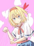  alice_margatroid blonde_hair blue_dress blue_eyes blush capelet dress gurasion_(gurasion) hairband heart lolita_hairband looking_at_viewer puppet_strings sash short_hair smile solo touhou white_capelet 