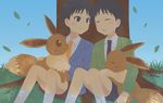  bad_id bad_pixiv_id black_hair black_neckwear blue_jacket blue_shorts blue_sky blush blush_stickers brown_shorts collared_shirt dappled_sunlight day dual_persona eevee fullmetal_alchemist gen_1_pokemon grass green_jacket jacket long_sleeves looking_at_another male_focus multiple_boys necktie nin_(female) orange_neckwear petals pokemon pokemon_(creature) selim_bradley shirt shorts sitting_on_ground sky sleeping smile sunlight tree white_legwear white_shirt 