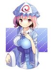  blue_dress blush breasts commentary_request dress gurasion_(gurasion) hat japanese_clothes kimono long_sleeves looking_at_viewer medium_breasts mob_cap obi pink_eyes pink_hair saigyouji_yuyuko sash short_hair smile solo touhou triangular_headpiece upper_body wide_sleeves 