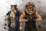  2014 anthro clothed clothing dog_tags duo eyewear feline glasses gloves lion looking_at_viewer male mammal muscular open_shirt racoonwolf standing tattoo tiger 