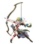  aiming aqua_eyes arrow bangs blue_bow blush bow bow_(weapon) bracelet braid breasts cleavage drawing_bow fighting_stance floating_hair flower full_body fur_trim green_hair hair_bow hair_flower hair_ornament holding holding_arrow holding_bow_(weapon) holding_weapon jewelry kurosawa_tetsu large_breasts left-handed legs_apart long_hair long_pointy_ears looking_to_the_side low-tied_long_hair mismatched_footwear navel official_art outstretched_arm parted_lips pelvic_curtain pointy_ears quiver ryuu_(yuusha_shisu.) sideboob simple_background single_braid single_thighhigh solo thighhighs very_long_hair weapon white_background yuusha_shisu. 