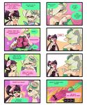  &gt;_&lt; 2girls 4koma angry aori_(splatoon) black_hair cellphone chasing closed_eyes comic cousins dress english fleeing food food_on_head gameplay_mechanics highres hotaru_(splatoon) left-to-right_manga mole mole_under_eye multiple_4koma multiple_girls object_on_head phone recording smartphone splatoon_(series) splatoon_1 squid strapless strapless_dress tentacle_hair white_hair wong_ying_chee 