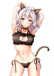  animal_ears arms_behind_head bell bell_choker black_panties blue_eyes blush breasts cat_cutout cat_ear_panties cat_ears cat_lingerie cat_tail choker cleavage cleavage_cutout jingle_bell kantai_collection kashima_(kantai_collection) kemonomimi_mode medium_breasts meme_attire navel panties short_hair side-tie_panties silver_hair simple_background smile solo tail twintails u0709 underwear white_background 