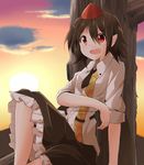  brown_hair cloud floral_print hat highres hiro_(pqtks113) in_tree open_mouth pointy_ears red_eyes shameimaru_aya shirt sitting sitting_in_tree skirt sky smile solo sunset tokin_hat touhou tree 